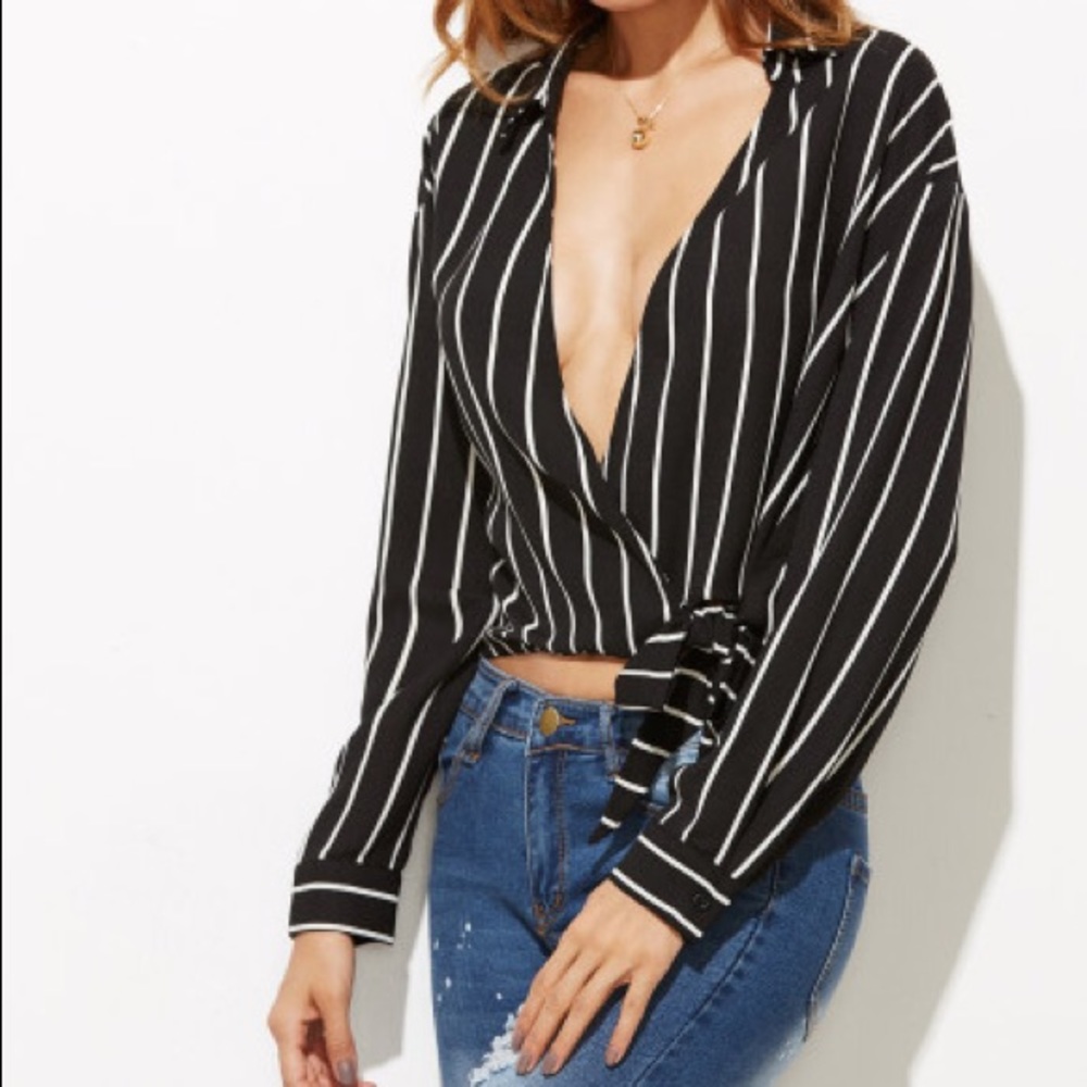 Black and white striped wrap blouse